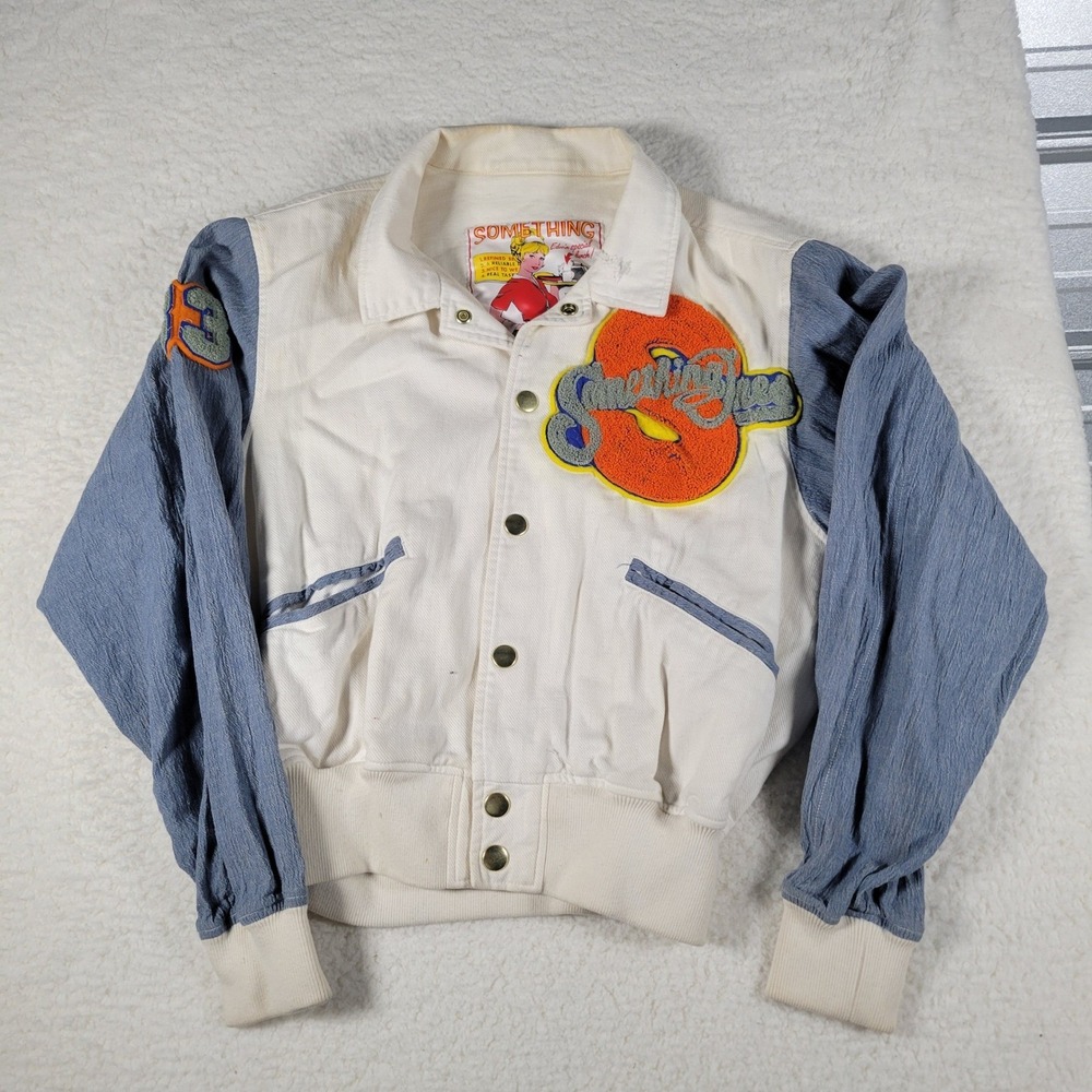 Edwin Something Varsity Jacket Womens L Cream Blue Corduroy Chenille Patch Retro